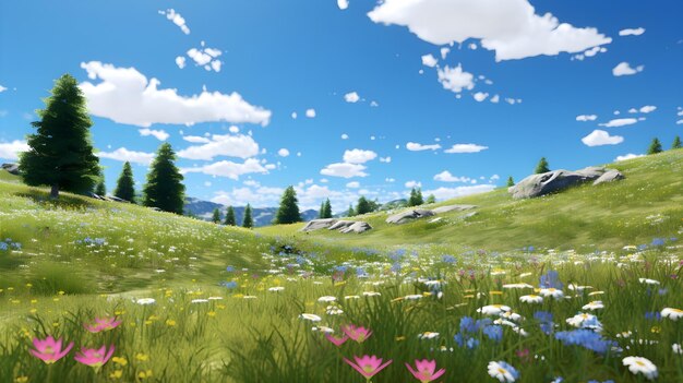 Un pré vert luxuriant avec une douce brise balancant des fleurs sauvages vibrantes sous un ciel bleu clair