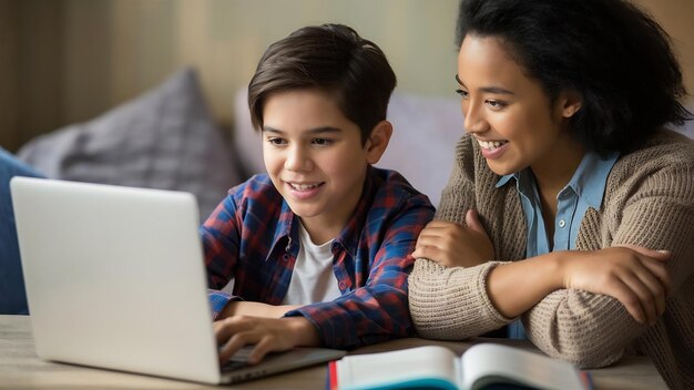 Photo un préadolescent utilise un ordinateur portable pour faire un appel vidéo avec son professeur à côté de sa mère