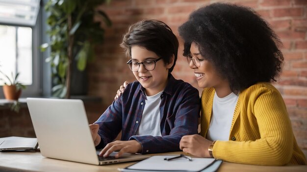 Photo un préadolescent utilise un ordinateur portable pour faire un appel vidéo avec son professeur à côté de sa mère