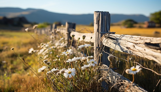 Photo précie tranquille, clôture rustique, marguerites en fleurs, chaîne de montagnes idyllique générée par l'intelligence artificielle.