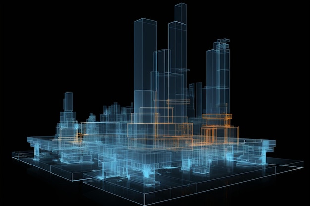 Précision dans l'obscurité Bâtiment détaillé à rayons X 3D isolé en noir