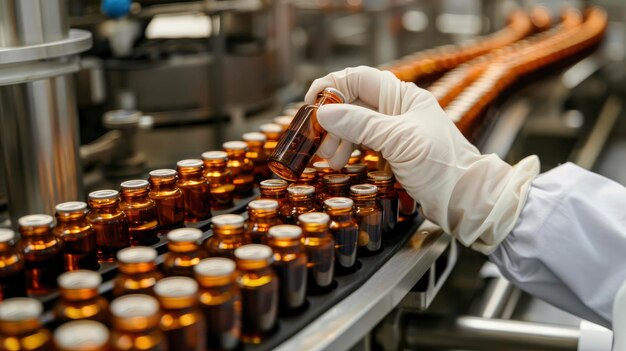 Précision dans la production S'assurer de la qualité dans la fabrication pharmaceutique La main avec des gants hygiéniques inspecte les flacons médicaux sur la ligne de production