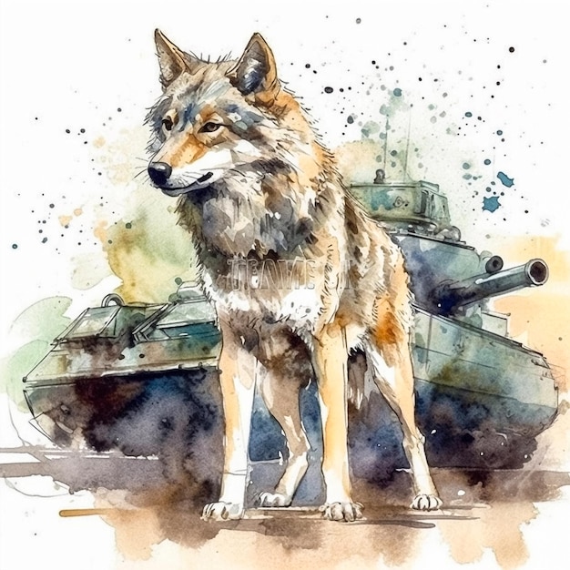 Predateur sauvage représentation à l'aquarelle d'un loup menaçant avec un réservoir dans la forêt