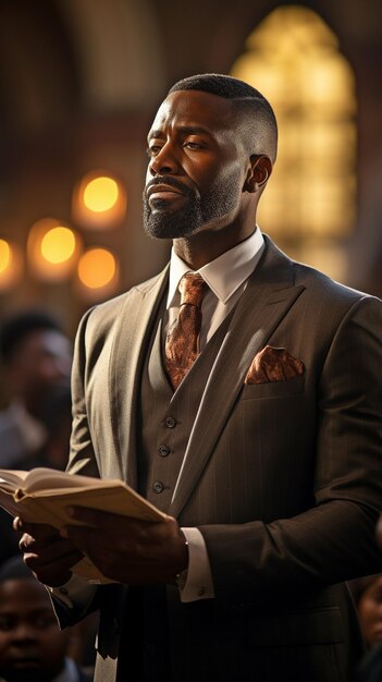 Un prédicateur accompli dirige la prière à l'église tout en tenant une Bible sur un podium.