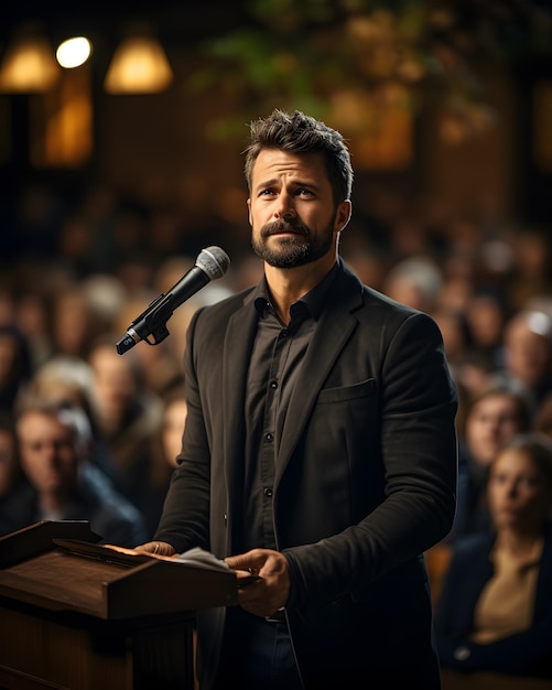 Un prédicateur avec une bible dans les mains parlant à une congrégation lors d'un événement religieux