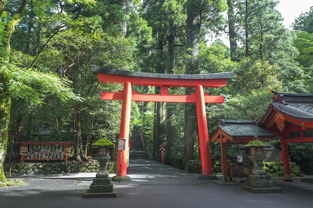 Préfecture de Hakone Kanagawa Japon 2 juillet 2023 Porte Torii dans la porte du temple japonais au sanctuaire de Hakone près du lac Ashi dans la ville de Hakone Préfecture de Kanagawa Japon