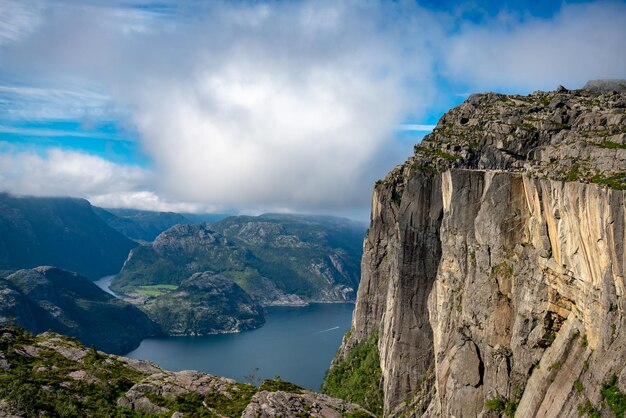 Photo preikestolen ou prekestolen également connu par les traductions anglaises de preacher's pulpit ou pulpit rock est une attraction touristique célèbre à forsand ryfylke norvège