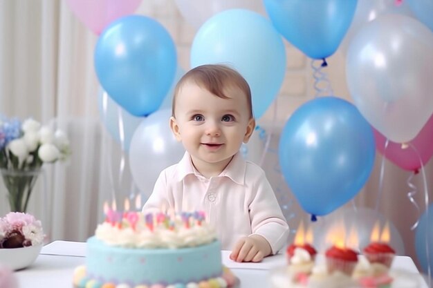 Le premier anniversaire du bébé avec un petit gâteau et des ballons colorés