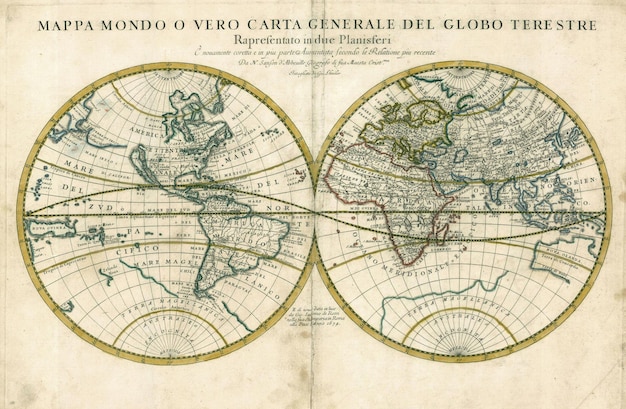 Premier état de la carte du monde du double hémisphère de Rossi publiée à Rome en 1674