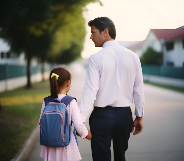 Premier jour à l'école, le père dirige une petite écolière en première année