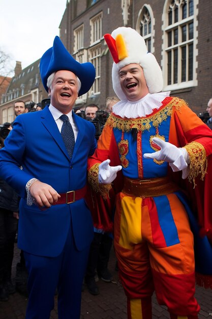 Photo le premier ministre rutte dans le rôle de sinterklaas et geert wilders dans celui de black pete