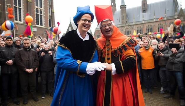 Photo le premier ministre rutte en tant que sinterklaas et geert wilders en tant que piet noir