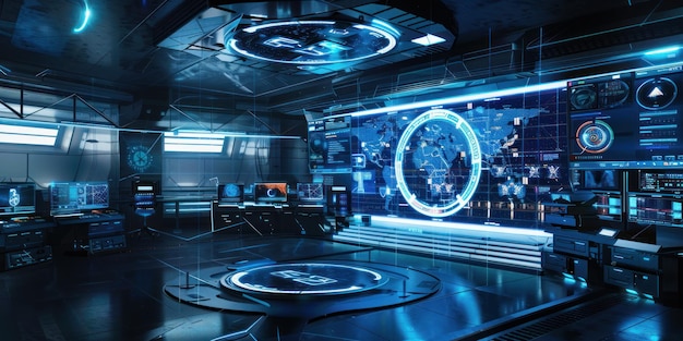 le premier de la nouvelle technologie montre une pièce avec un grand mur de lumières et un grand miroir circulaire