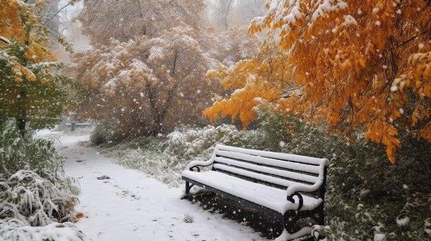 Première chute de neige dans le parc de la ville coloré en automne Generative Ai