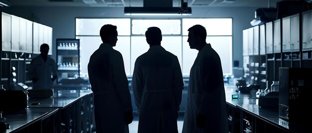 La première génération de clones des manteaux de laboratoire s'accommodent de leur existence dans un environnement de laboratoire Photographie Silhouette éclairage Vignette Long shot