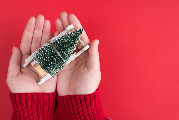 Première Personne En Haut Au-dessus Des Frais Généraux Vue Rapprochée Photo De Mains Féminines Tenant Comme Cadeau Petit Arbre Jouet Sur Des Traîneaux Blancs Isolés Sur Fond Rouge De Couleur Vive Avec Un Espace Vide