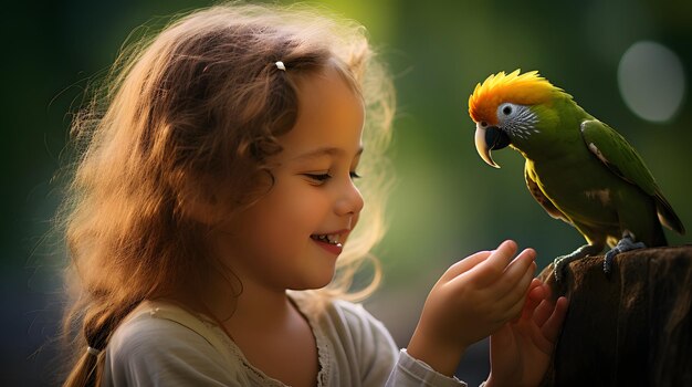 La première rencontre d'un bébé avec un perroquet coloré