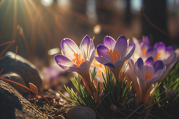 Les premiers crocus de fleurs de printemps dans une forêt sur fond de neige ont également un espace de copie pour le texte