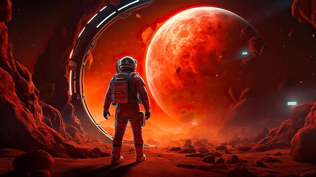 Premiers pas sur Mars Illustration d'un astronaute colonisant la planète rouge avec un vaisseau spatial et une station