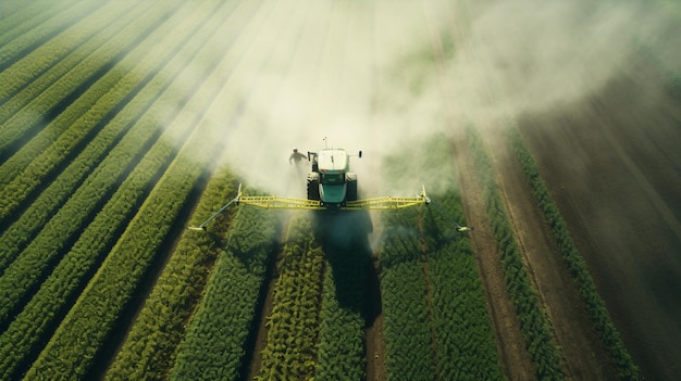 Prendre soin de la récolte Vue aérienne d'un tracteur fertilisant un champ agricole cultivé Concept agricole