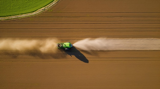 Prendre soin de la récolte Vue aérienne d'un tracteur fertilisant un champ agricole cultivé Concept agricole