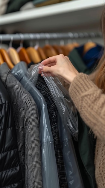 Prendre soin des vêtements Closeup d'une femme ramassant une veste du rack papier peint mobile vertical