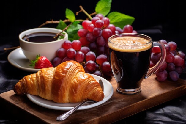 Prenez un délicieux petit déjeuner de croissants, de fruits et de café à 32%.