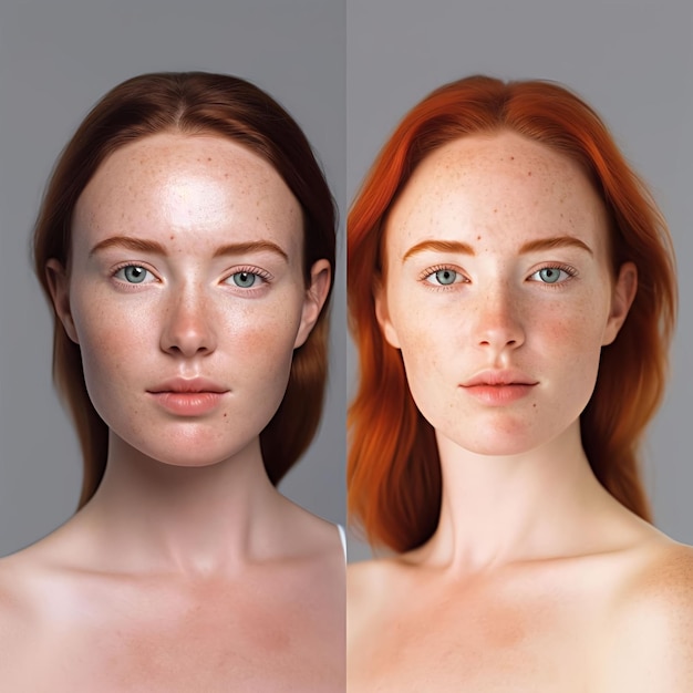 Photo prenez une photo d'une comparaison avant-après de la peau d'une femme avec l'image stylisée pour suggérer e