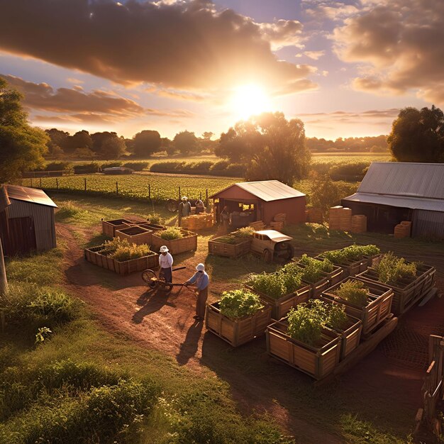 Photo prenez une photo d'une ferme régénérative en mode pleine récolte avec des caisses de produits frais empilées f