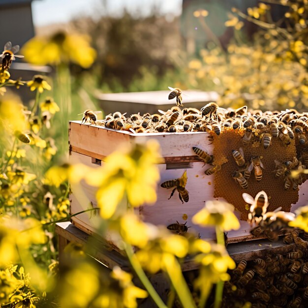 Prenez une photo en gros plan d'une ruche avec des abeilles ouvrières bourdonnant autour de la collecte de nectar de th