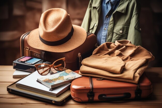 Préparation au voyage Photo de la valise, du chapeau et des vêtements sur la table en bois Il y a aussi des lunettes, une carte et un cahier sur la table