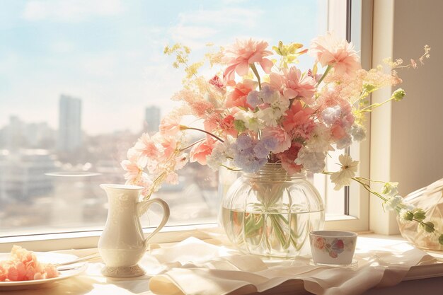 Préparation d'un brunch de printemps avec des arrangements floraux et des couleurs pastel