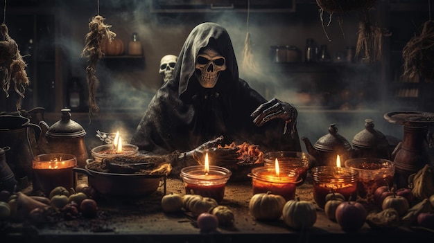 la préparation d'un dîner macabre pour un festin d'halloween de squelette au milieu de crânes de citrouilles générés par Ai