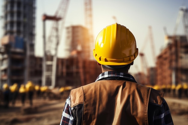 Préparation du chantier L'ingénieur porte un casque de sécurité jaune sur le chantier