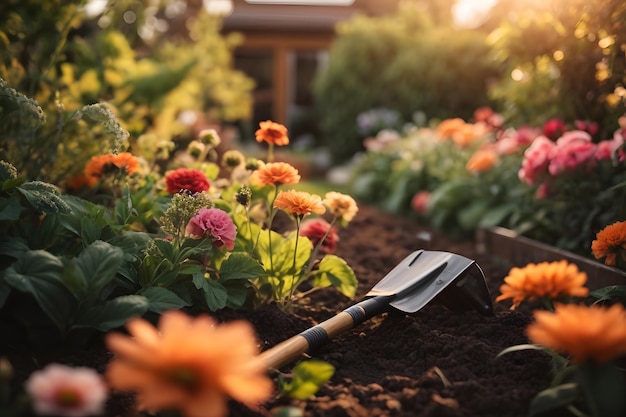 Préparation du sol pour la plantation de plantes de jardin. Vue rapprochée d'une pelle dans un parterre de fleurs un soir d'été ensoleillé.