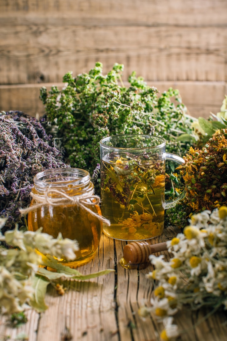 Photo préparation d'herbes, homéopathie, fleurs séchées et miel