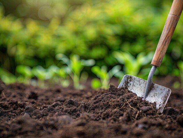 Préparation à la plantation Un gros plan d'une pelle de jardin creusant dans un sol fertile avec un fond de verdure luxuriante préparant la terre pour de nouvelles plantes agriculture outil de jardinage poignée en métal en bois