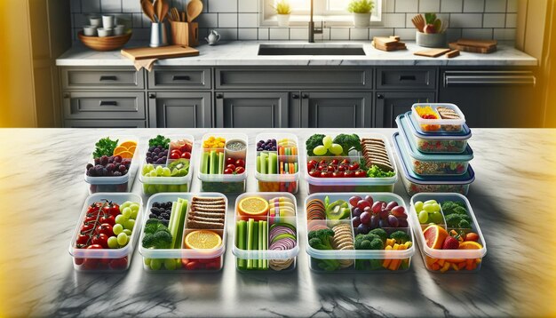 Préparation de repas organisée avec des fruits et légumes frais dans une cuisine moderne