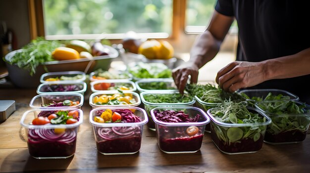 Photo préparation des repas pour la semaine récipients organisés avec des repas équilibrés