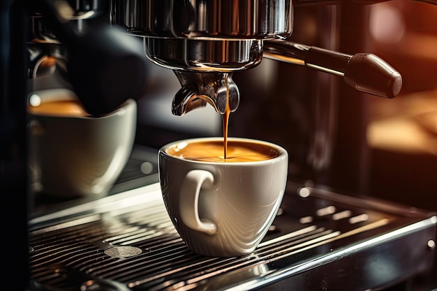 Préparer de l'espresso sur une machine à café professionnelle dans un coffeeshop Closeup Verser du café fort