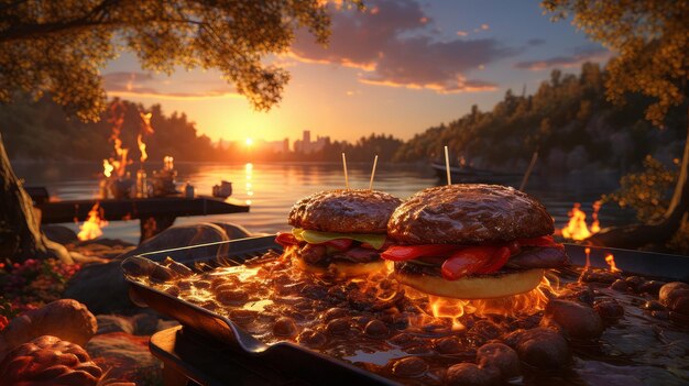 préparer un hamburger dans le parc sur un barbecue