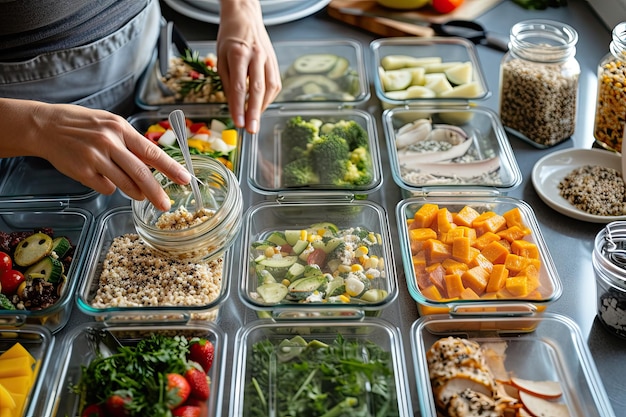 Préparer les repas à la main avec des récipients contenant des aliments sains pour la semaine