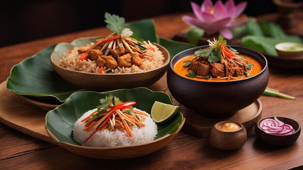 Photo préparez la scène pour un voyage sensoriel avec des photos de riz thaïlandais sur une chaude table en bois l'intricate