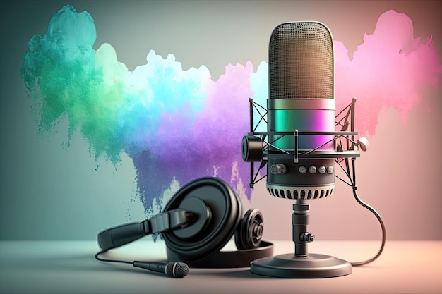 Préparez-vous à plonger dans le monde du podcasting avec cette photo élégante d'un microphone et d'un casque sur un magnifique fond pastel Généré par l'IA