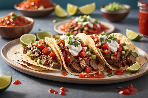 Préparez-vous à saliver sur la représentation de notre IA de tacos de bœuf à l'eau de bouche avec une sauce tomate piquante et surmontée d'une salsa fraîche et épicée