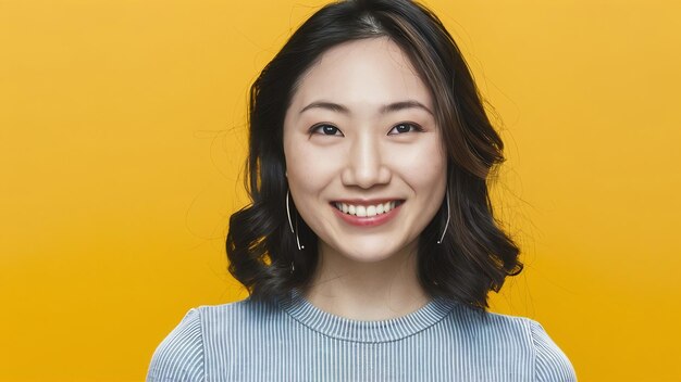 De près une belle jeune femme asiatique souriante à la peau blanche isolée