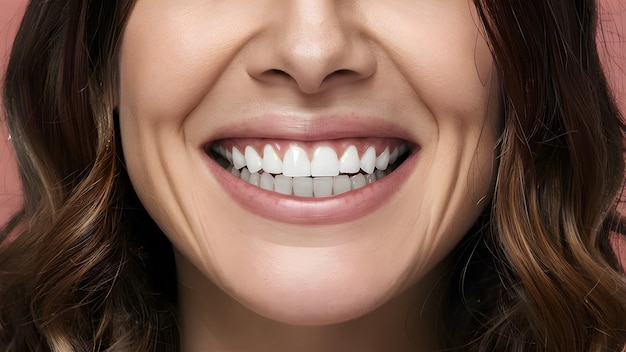 près de la bouche d'une femme avec un sourire montrant des dents blanches fraîches