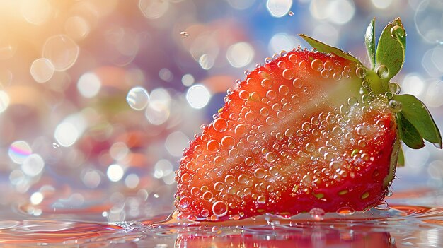 Photo près d'une coupe d'une tranche de fraise dans l'eau avec des éclaboussures d'eau et de l'espace pour le texte ou la publicité du produit ai générative