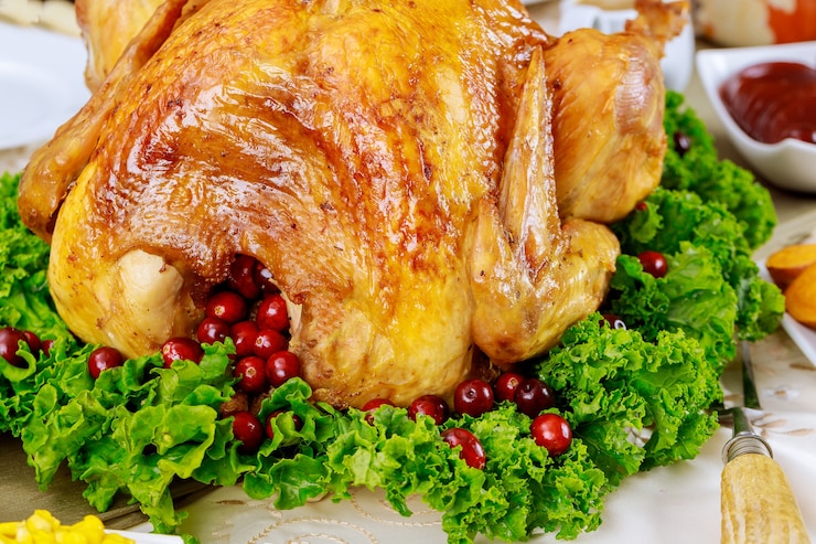 Photo près de la dinde, décorée de chou frisé et de canneberge pour le dîner de noël. concept de vacances de nouvel an.