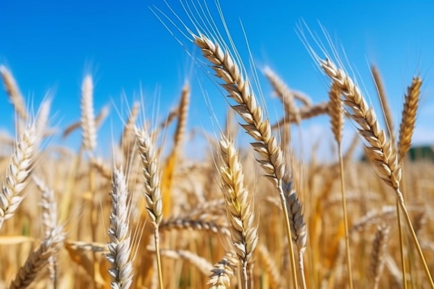 près des épis de blé mûrs contre le ciel bleu